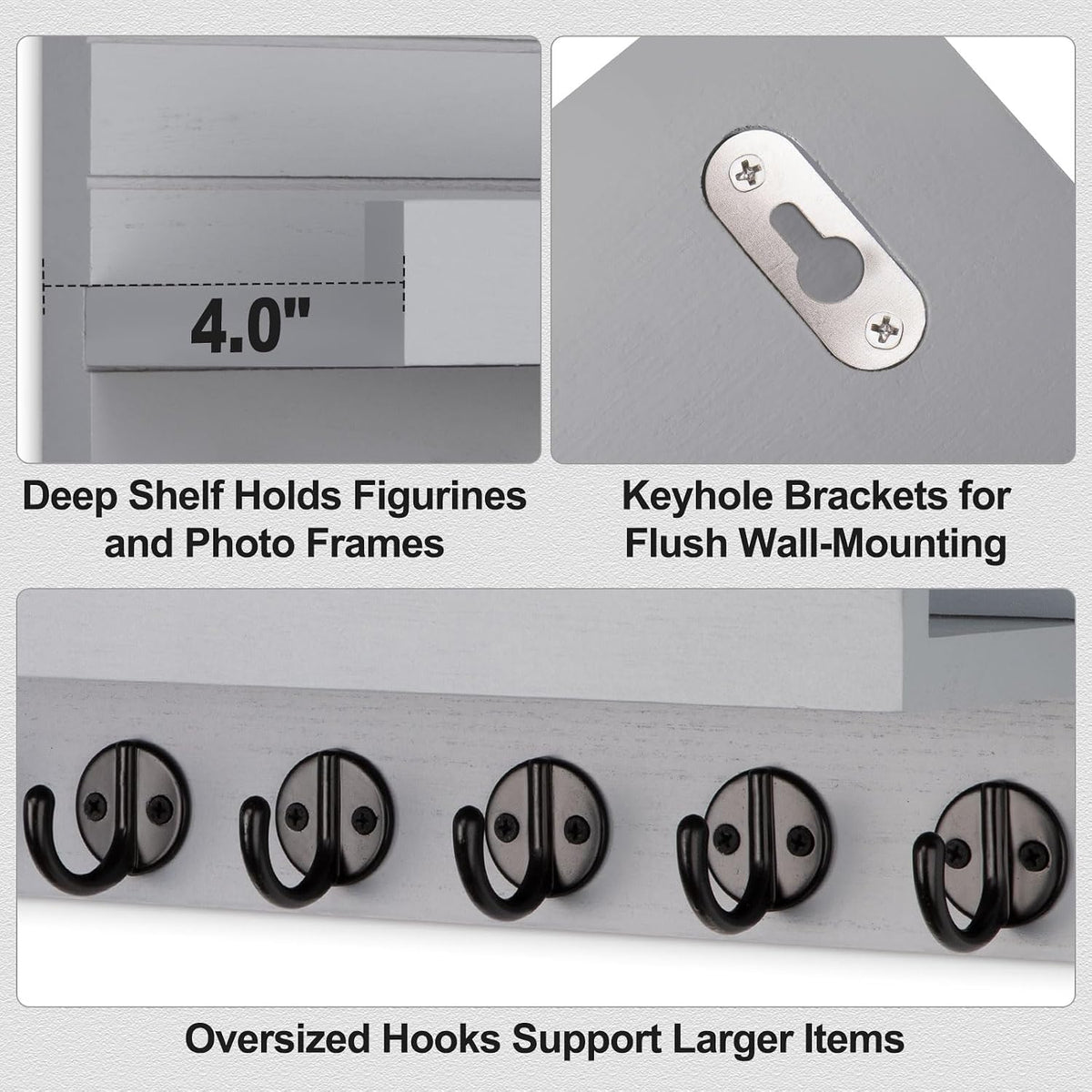 Lwenki Key Holder Wall Mount, Entryway Key and Mail Holder with 7 Sturdy Hooks for Sunglasses, Dog Leash, Decorative Wall Shelf with Mounting Hardware, 15”W x 6.7”H x 4.2”D (Gray)