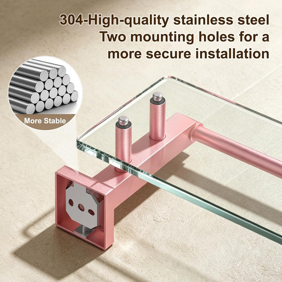 Glass Shelf for Bathroom Rectangular Stainless Steel Tempered Glass Modern Stainless Steel Wall Mount Shelf (Pink, 20″ with Railing)