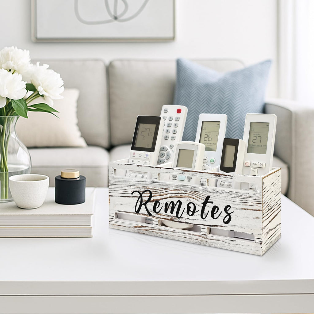 Rustic White Wooden Remote Control Holder for Wall Mount Table TV Organizer