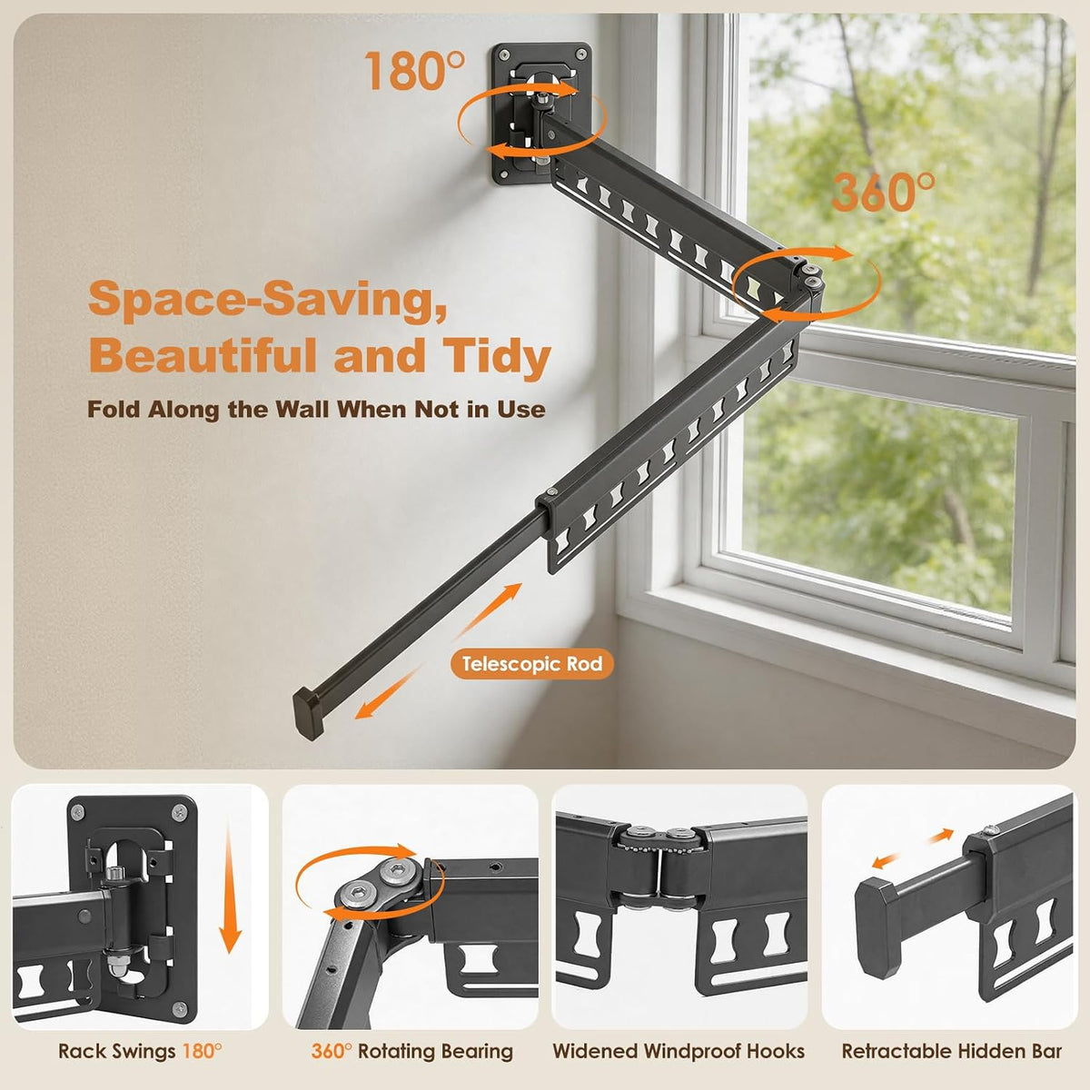 Wall Mounted Clothes Drying Rack Foldable & Space-Saving with 4 Hangers
