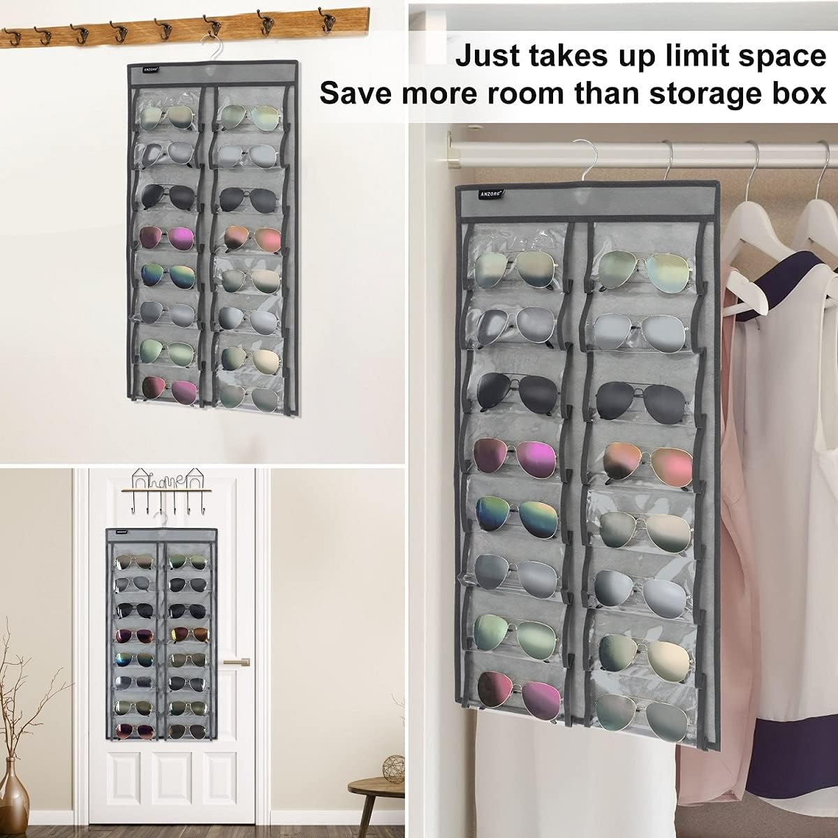 Dual Sided Hanging Sunglasses Organizer Wall Eyeglass Holder Sunglass Rack for Home with 32 Dust Proof Pockets (32 Pockets-Grey)