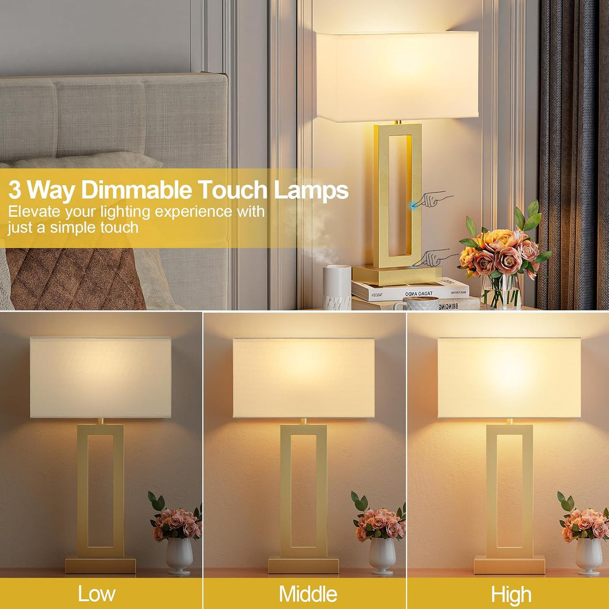 22" Tall Touch Lamps for Nightstand with USB C+A, 3 Way Dimmable Gold Lamp