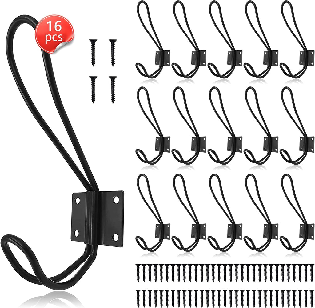 Hajoyful Rustic Entryway Hooks-16 Pack Farmhouse Hooks with Metal Screws Included, Black Decorative Wall Mounted Rustic Coat Hooks Rack, Double Vintage Organizer Hanging Wire Hook Clothes Hanger