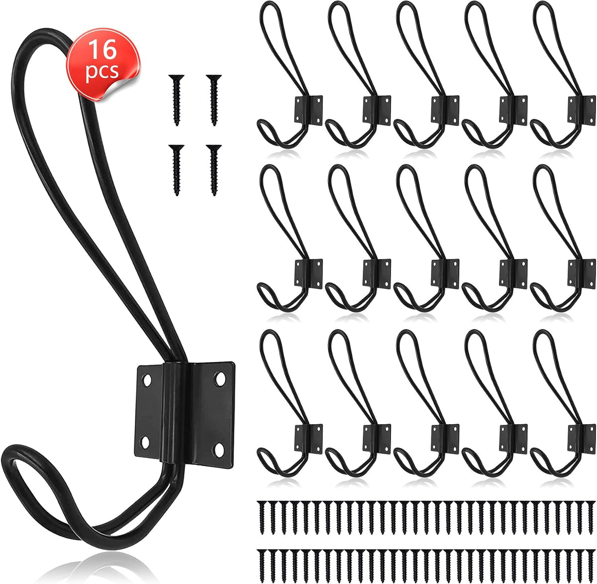 Hajoyful Rustic Entryway Hooks-16 Pack Farmhouse Hooks with Metal Screws Included, Black Decorative Wall Mounted Rustic Coat Hooks Rack, Double Vintage Organizer Hanging Wire Hook Clothes Hanger