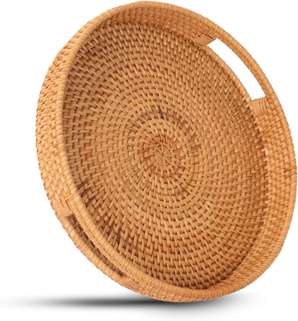 Round Rattan Serving Tray, Natural Wicker Decorative Tray for Serving, Fruit/Bread Serving Basket, Round Woven Tray with Handles.(Large:13.8inch)
