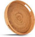 Round Rattan Serving Tray, Natural Wicker Decorative Tray for Serving, Fruit/Bread Serving Basket, Round Woven Tray with Handles.(Large:13.8inch)