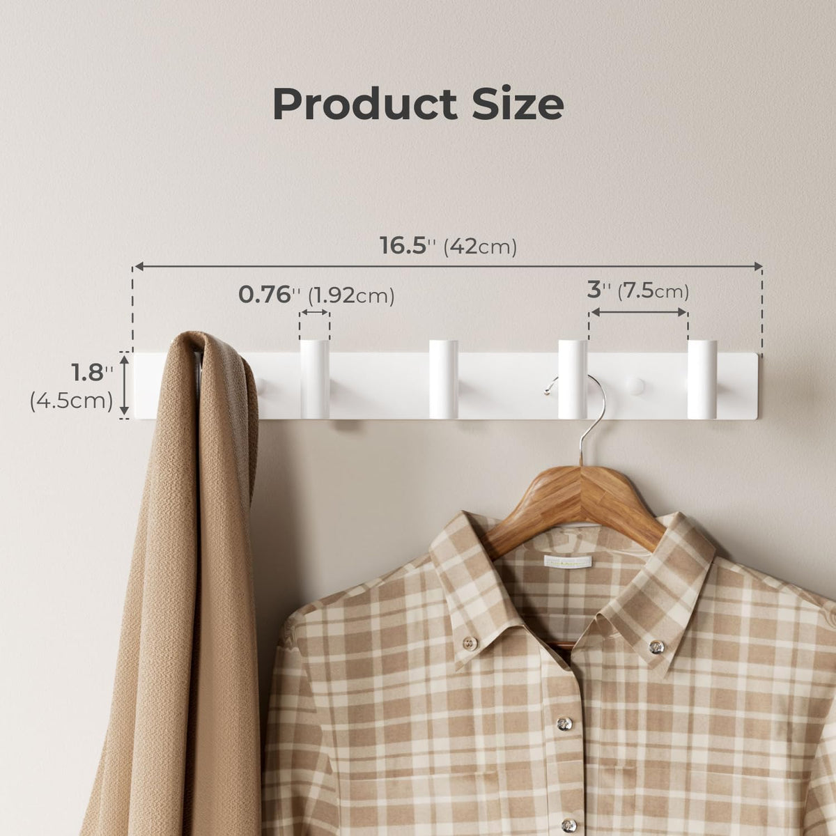 White Wall Mounted Coat Rack – 5 T-Shaped Hooks on 16.5" Rail, (1 Pack)