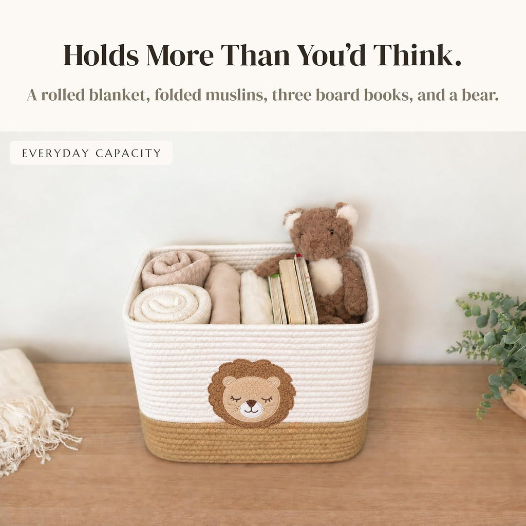 Lion Baby Storage Basket, Woven Cotton Rope Nursery Bin, 13x10x9 in