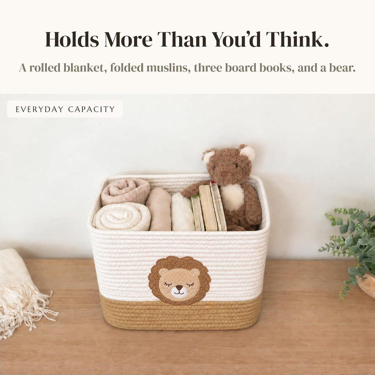 Lion Baby Storage Basket, Woven Cotton Rope Nursery Bin, 13x10x9 in