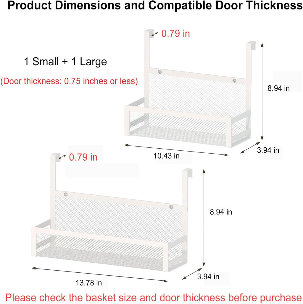 Hanging Desktop Baskets Fine Mesh Wire Storage Basket Over Cabinet Door Organizer No Drilling Required for Kitchen Bathroom Office, 1 Small, 1 Large, White