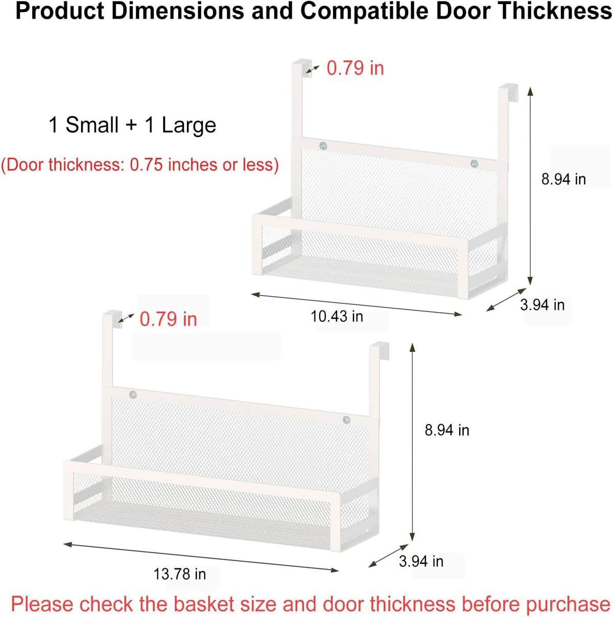 Hanging Desktop Baskets Fine Mesh Wire Storage Basket Over Cabinet Door Organizer No Drilling Required for Kitchen Bathroom Office, 1 Small, 1 Large, White