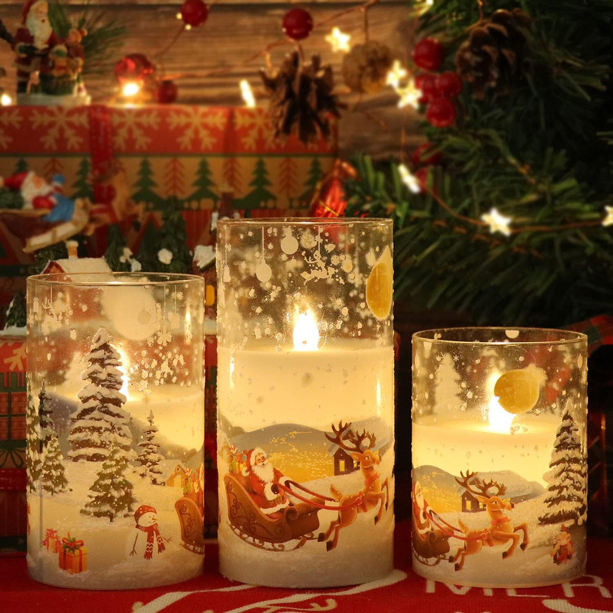 Eldnacele Santa Christmas Flameless Candles Glass with Remote and Timer