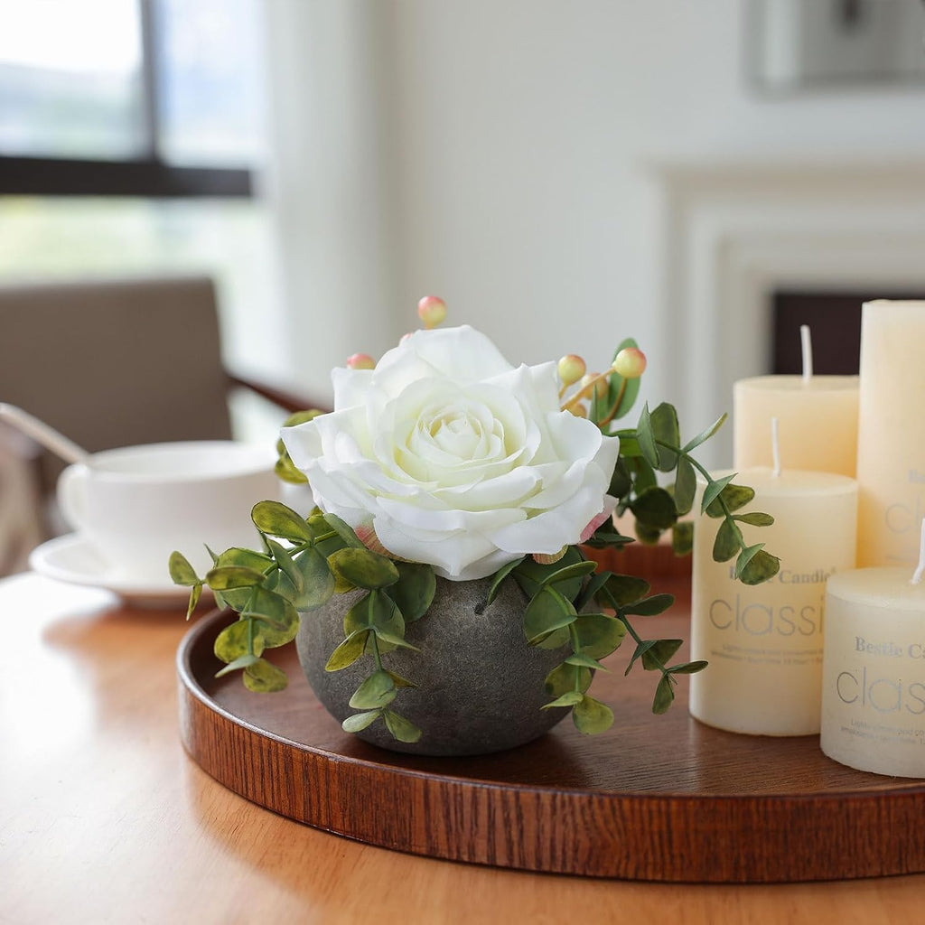 mizii DIY Small Artificial Flowers Potted Kit Fake Flower Realistic Silk Rose and Greenery with Vase for Gifts Table Centerpiece Mantle Office Desk Shelves Living Room Decorations (White)