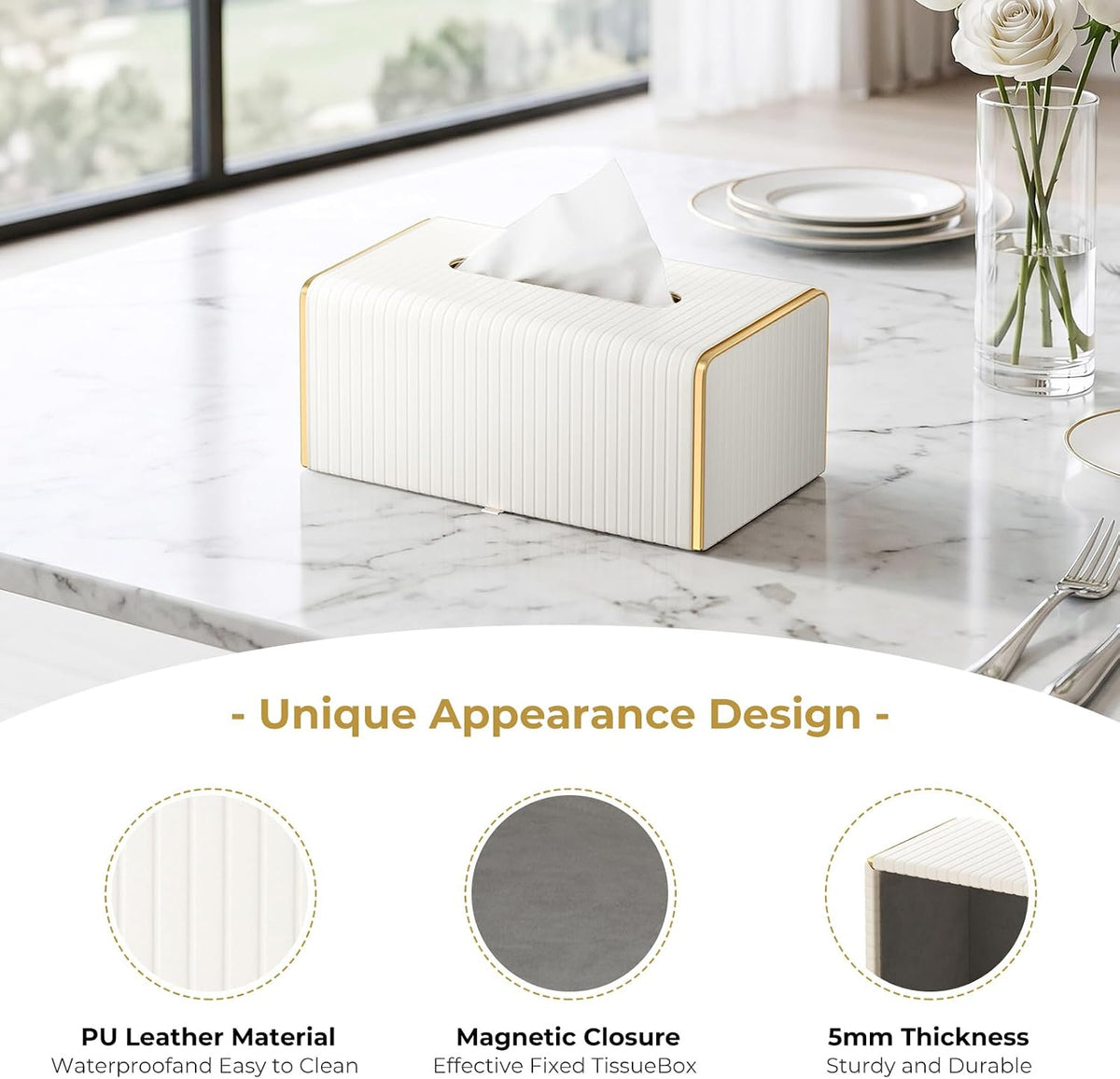 PU Leather Rectangle Tissue Box Cover, White, Long Tissue Box Holder