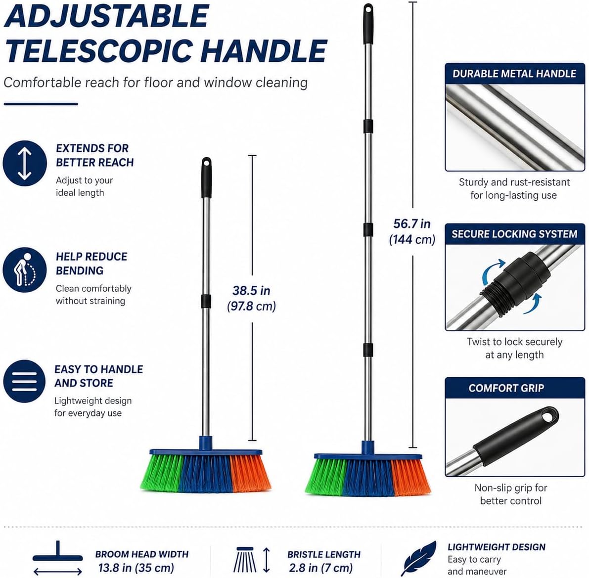 2-in-1 Floor Squeegee & Broom Kit with Telescopic Handle, 17.5 Inch Heavy Duty Water Squeegee for Tile, Concrete, Marble, Garage & Shower, Includes 2 Cotton Cloths