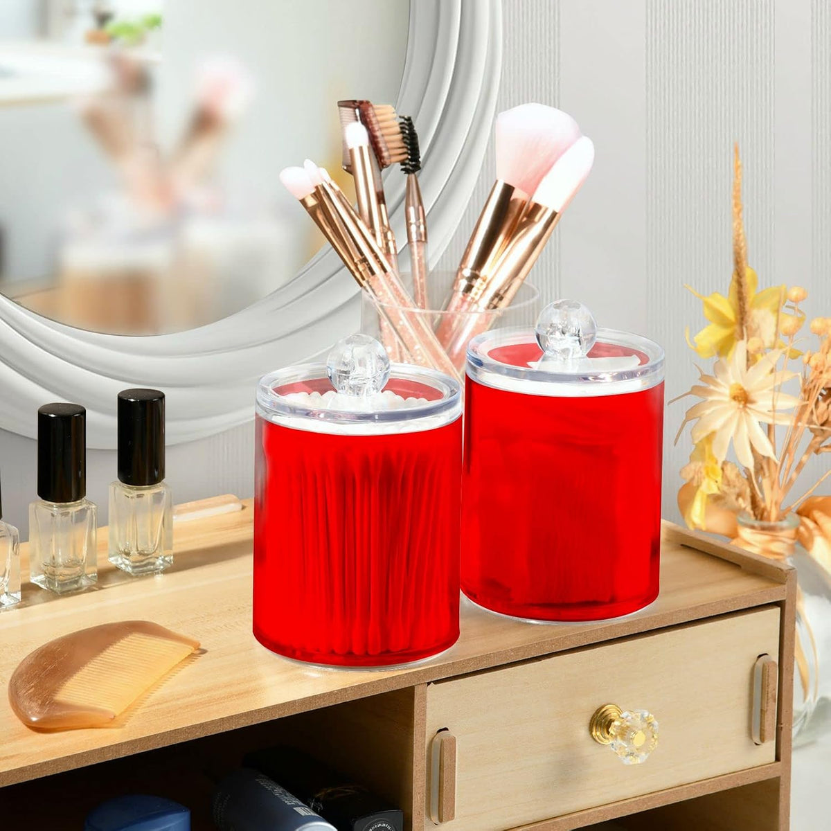 SHJI Red Qtip Holder Organizer Dispenser Cotton Swabs Cans Plastic Jars with Lid Set 2 Pack Bathroom Storage Canister for Cotton Ball Floss Cotton Pads