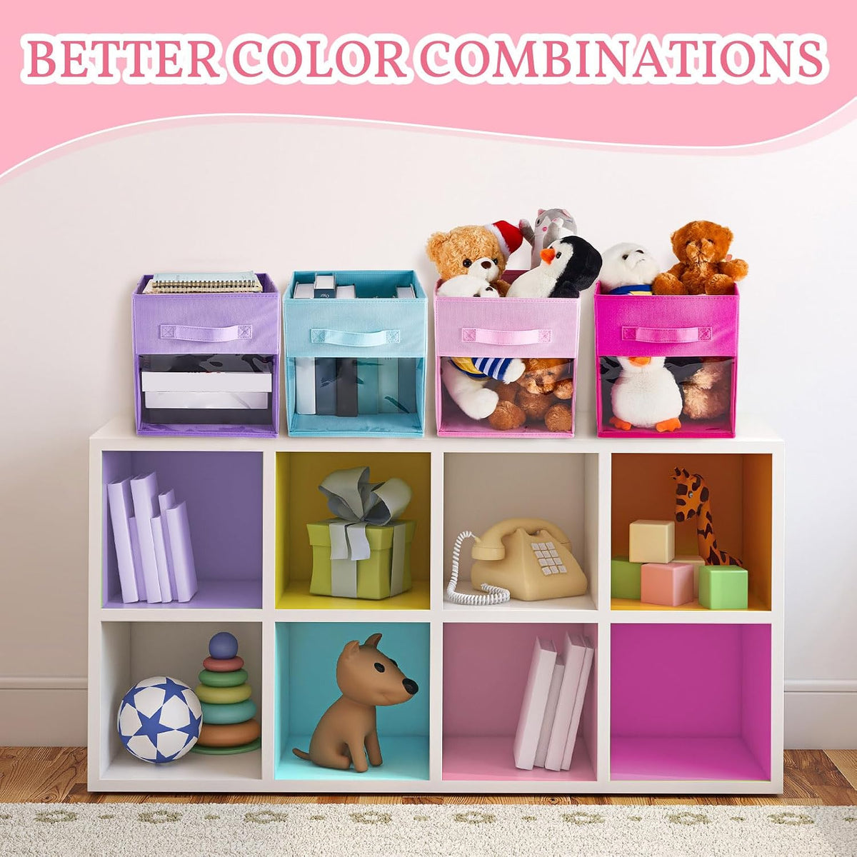Marsui 8 Pcs Cube Storage Bins with Clear Window 11'' Daycare Storage Cube Organizer Bins for Closet Kid Nursery Playroom with Handle Fabric Collapsible Storage Cubes(Blue, Purple, Rose, Pink)