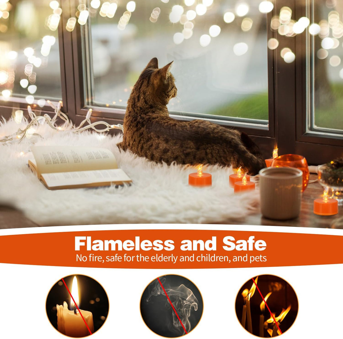 12 Pack Warm Yellow Light Flameless Tea Lights, Orange Base, Last 100H
