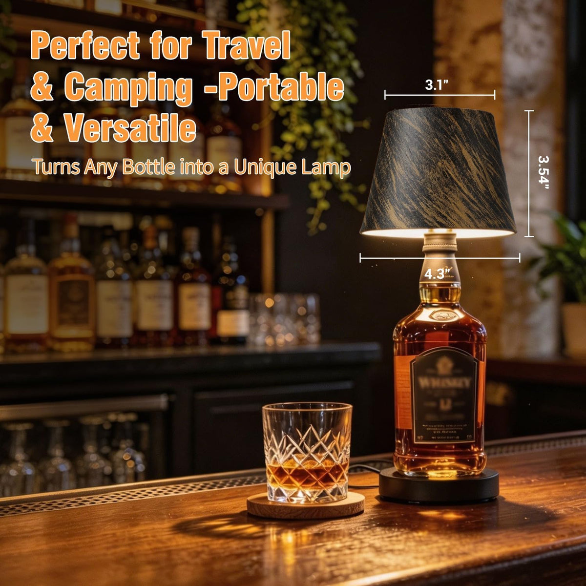 Wireless Bottle Lamp, Wireless Bottle Lamp Shade with 3 Color Temperature, Rechargeable Stepless Dimming LED Wine Bottle Lights for Any Bottle, Desk Lamp for Bedroom Restaurant Bar - Gold