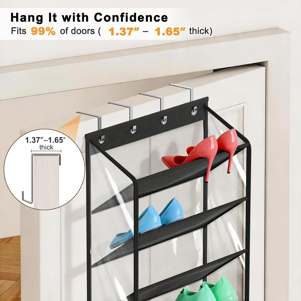 MISSLO 36 Pairs Clear Over the Door Shoe Organizer Closet Hanging Shoe Rack for Door with Large Deep Pockets Shoes Hanger Holder for Sneakers, Boots, Heels Storage (Black)