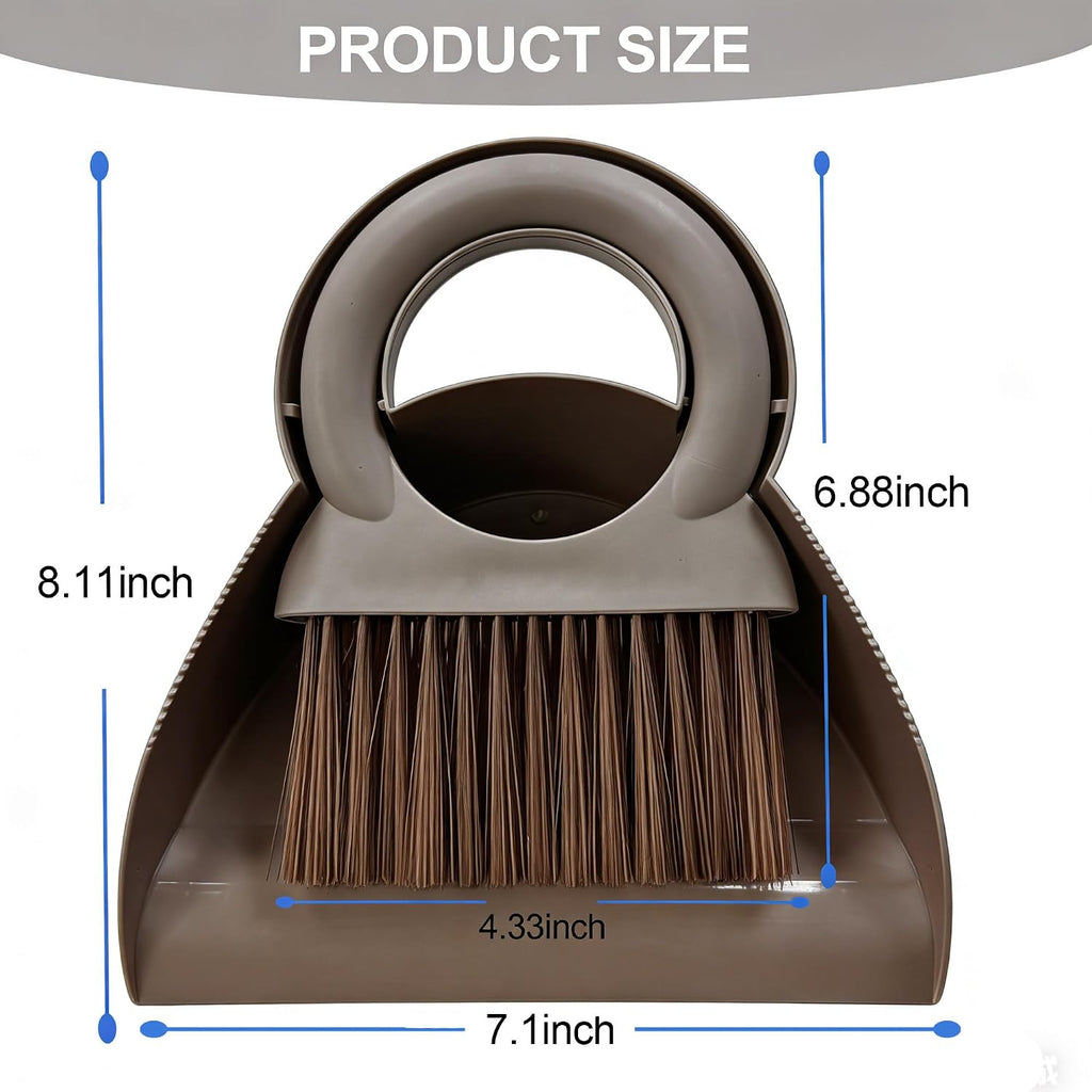 Mini Broom and Dustpan Set with Round Handle, Compact Small Hand Broom with Soft Bristles for Kitchen Counter, Desk, Drawer, Pet Area & Car Interior, Space-Saving Portable Cleaning Tool (Coffee)