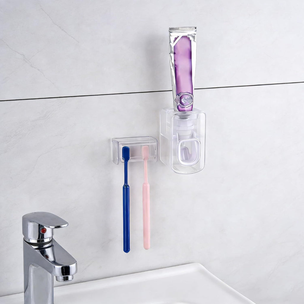Toothbrush Holder Wall Mounted with Cover for Bathroom, 2 Slots Toothbrush Storage Organizer for Shower, Self Adhesive Toothbrush Hanger with Automatic Toothpaste Squeezer Dispenser (Clear)