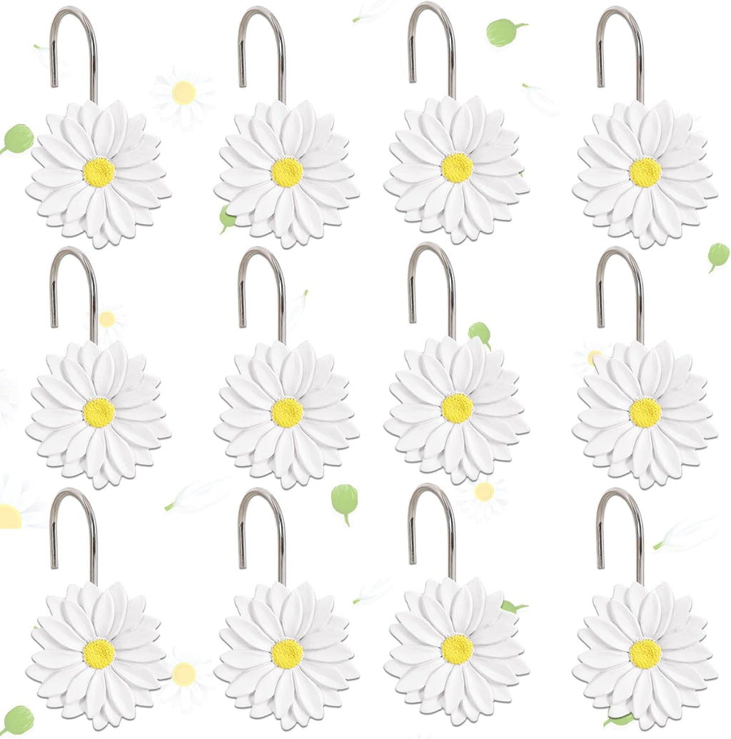 12-Piece White Flowers Daisy Floral Shower Curtain Hooks for Bathroom