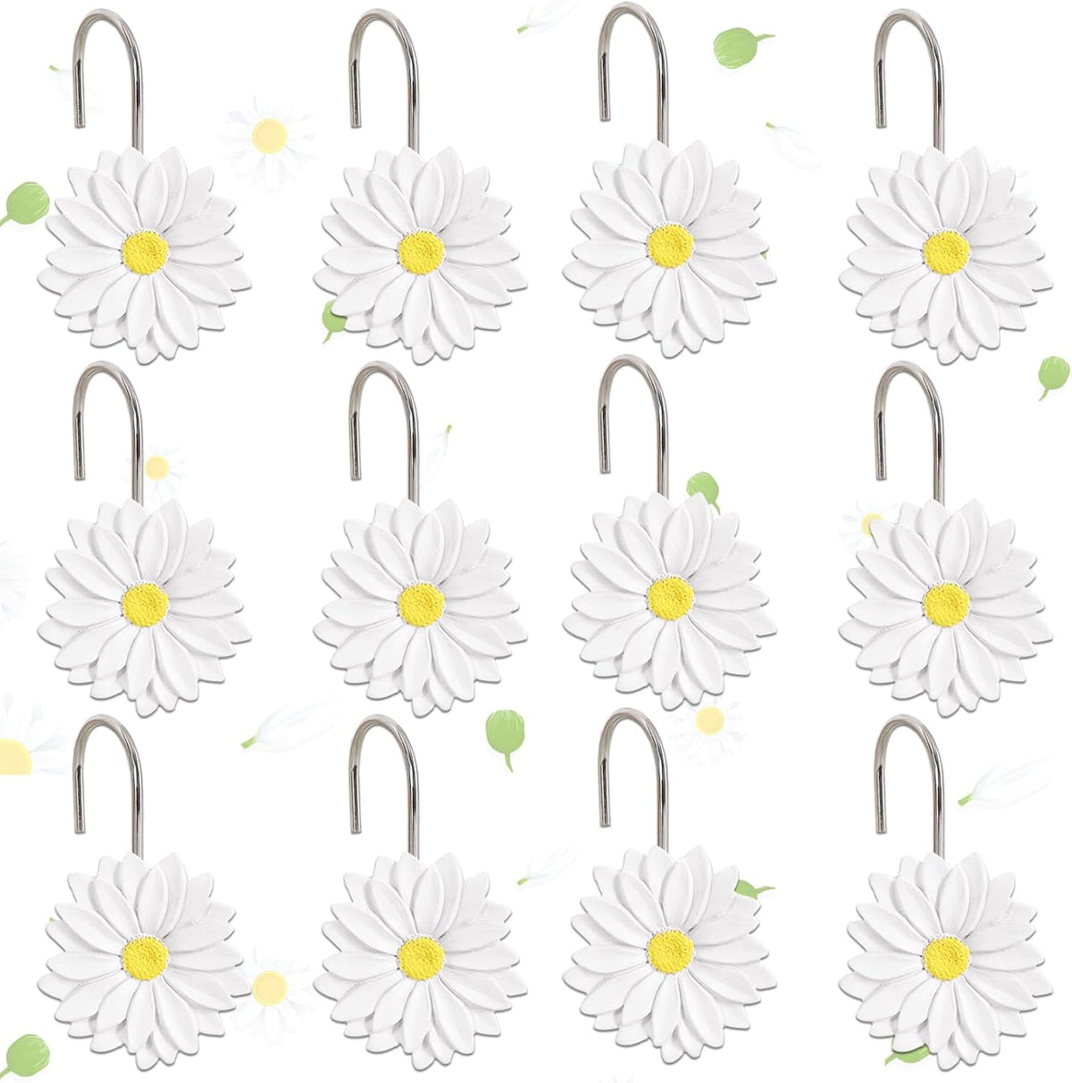 12-Piece White Flowers Daisy Floral Shower Curtain Hooks for Bathroom
