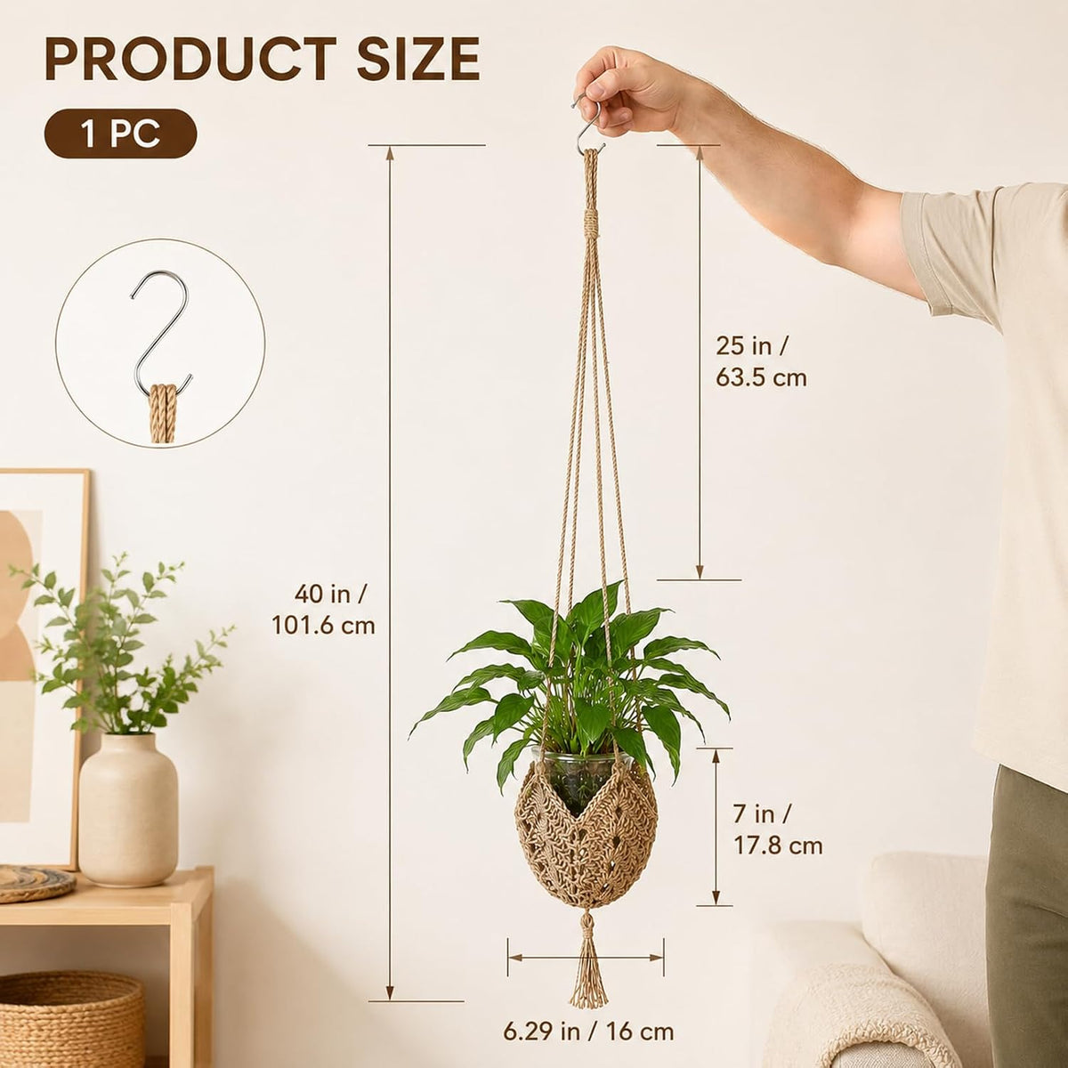 Boho Macrame Plant Hangers with S Shaped Hooks Hanging Baskets for Plants