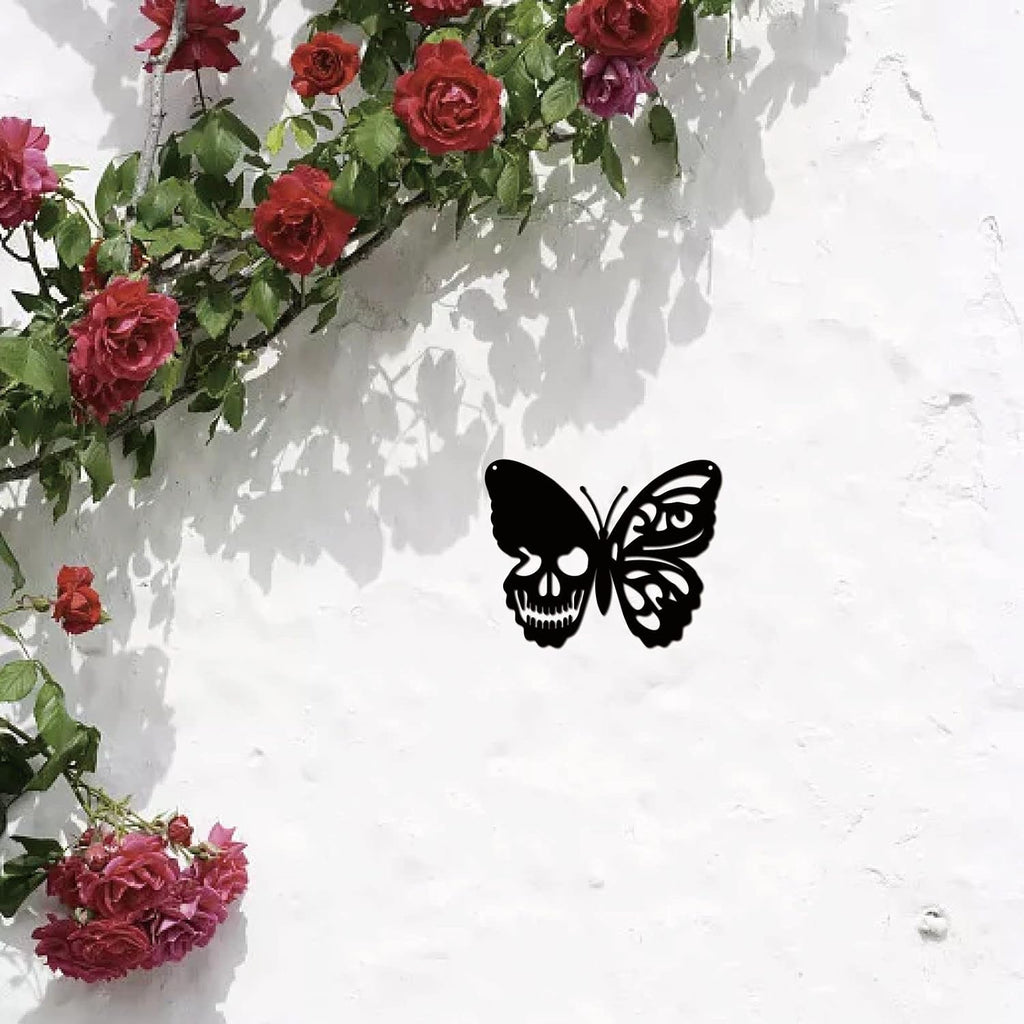 CREATCABIN Skull Butterfly Metal Wall Art Decor Wall Hanging Plaques Ornament Iron Wall Art Sculpture Sign for Indoor Outdoor Home Livingroom Kitchen Garden Office Decoration Gift Black 9.4 x 11.8inch