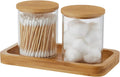 INIUNIK Glass Qtip Holder with Vanity Tray, Apothecary Jars Bathroom Accessories Bathroom Canisters Organizer Countertop Q Tip Holder for Cotton Ball Round Swab Pad Hair Ties Floss Perfume Jewelry