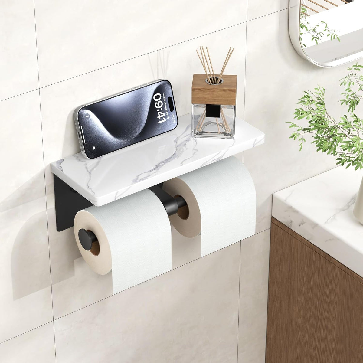FORIOUS Double Marble Toilet Paper Holder with Phone Shelf, Mattle Black