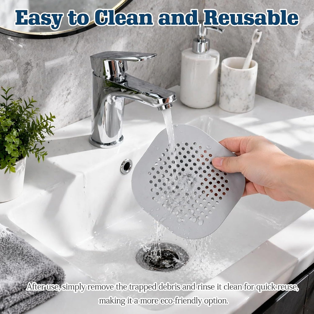 4-Pack Grey Silicone Shower Drain Hair Catchers, Square Drain Covers with Suction Cups, Easy-Clean Hair Stopper for Bathroom, Bathtub, Laundry, and Kitchen Sink