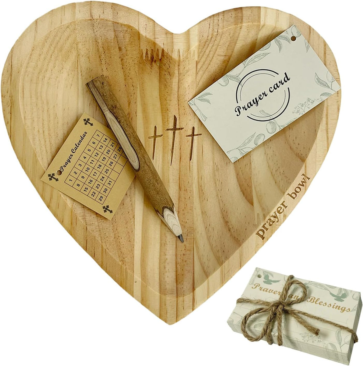 Heart Prayer Bowl with 30 Cards, Light Wood, Christian Gift