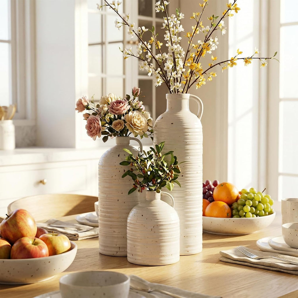 Firehold Ceramic Vase Set of 3 with Handles, Rustic Farmhouse Flower Vases