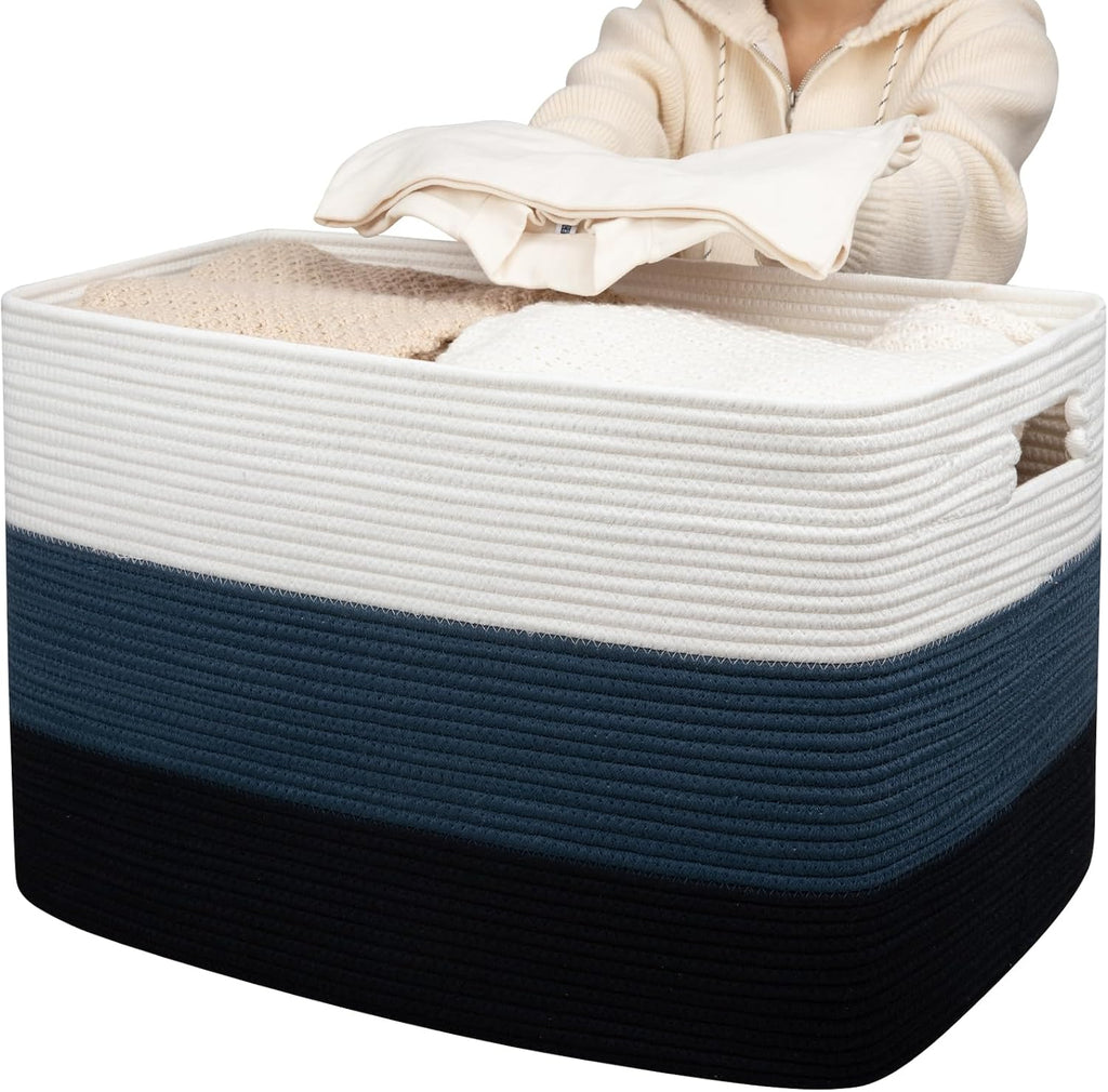 OIAHOMY 118L Extra Large Blanket Basket Cotton Rope Storage Basket Blue