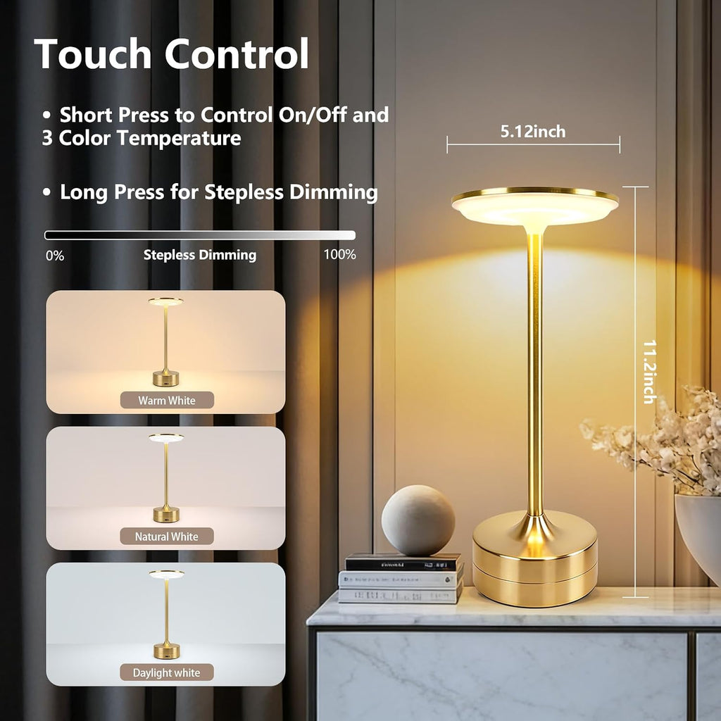 Small Table Lamp, Portable Metal Table Lamp, Cordless Rechargeable Table Lamp , 3 Color Stepless Dimmable Atmosphere Table Lamps for Patio, Camping, Coffee table decor lamp for Indoor/Outdoor（Gold)