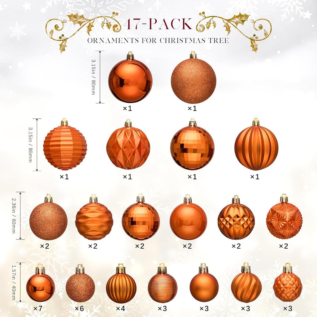 JORNOY Christmas Tree Ornaments Set, 47 Pack Assorted Shatterproof Hanging Balls Decorations, Thanksgiving Plastic Bulbs Bulk with Lanyard for Home Holiday Party Decor, 3-Sizes (Orange)