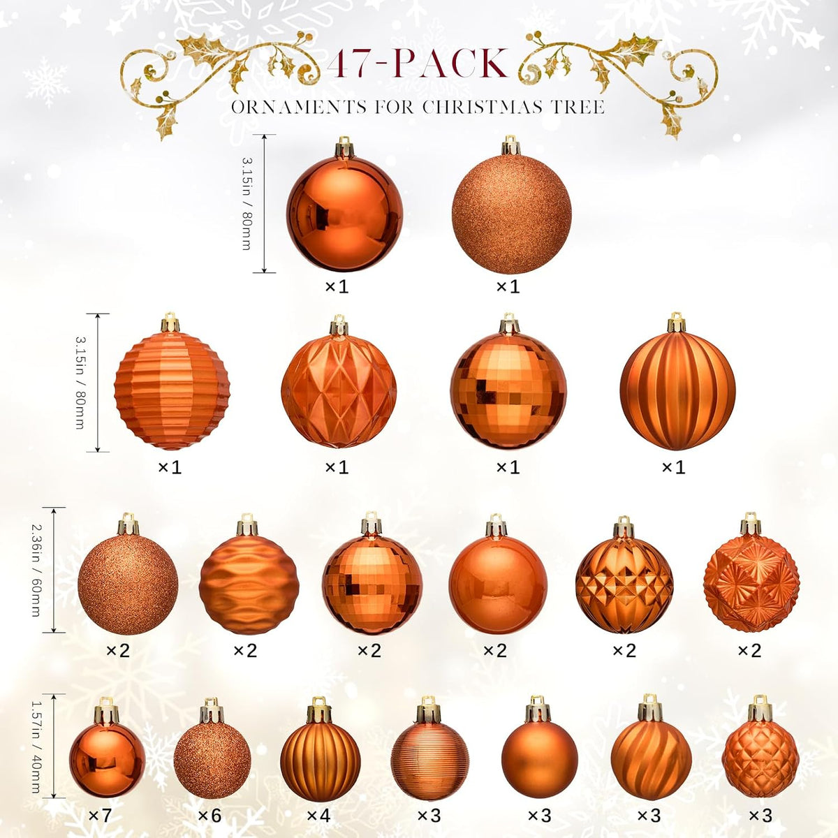 JORNOY Christmas Tree Ornaments Set, 47 Pack Assorted Shatterproof Hanging Balls Decorations, Thanksgiving Plastic Bulbs Bulk with Lanyard for Home Holiday Party Decor, 3-Sizes (Orange)