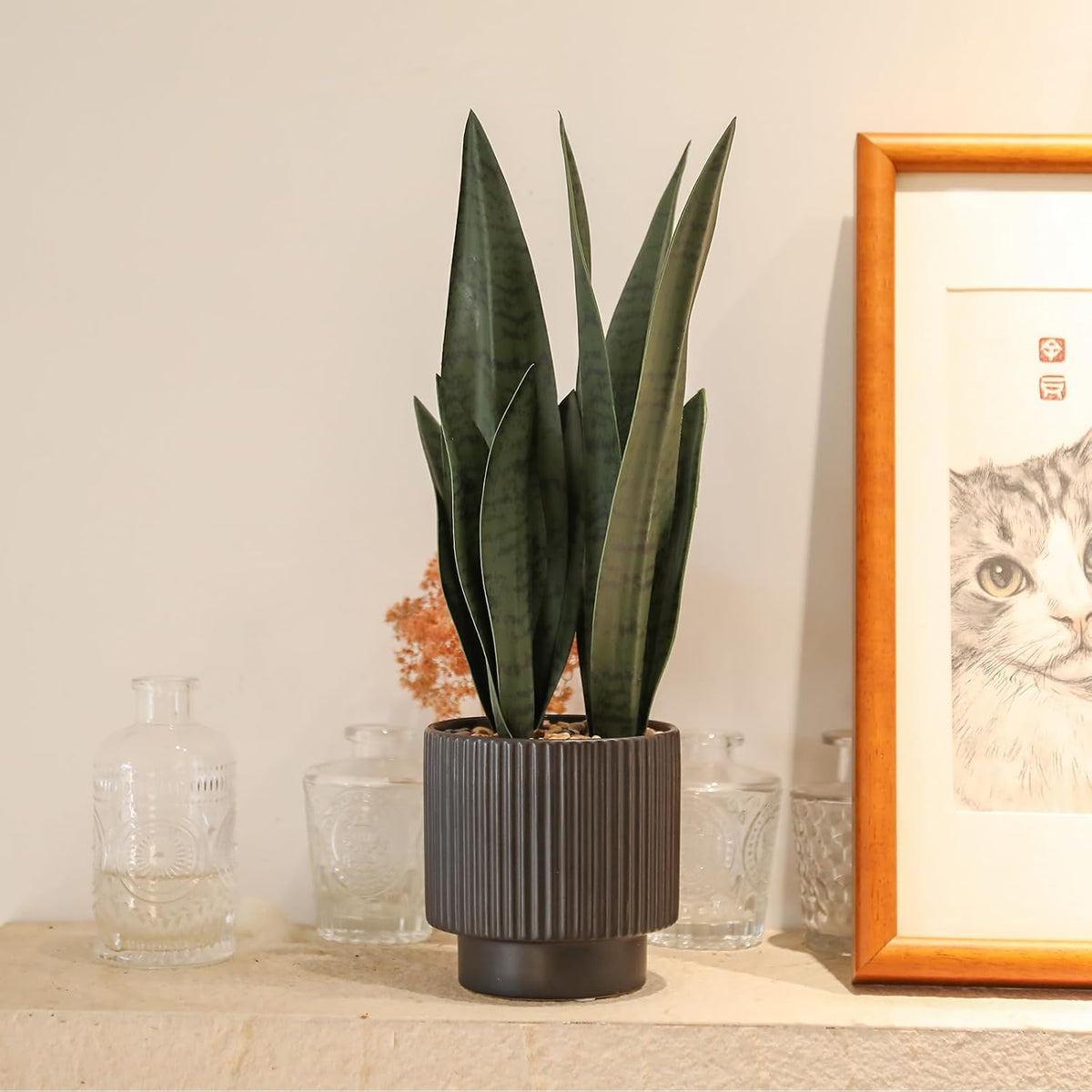 2Pcs Artificial Plants Sansevieria Snake Plant with Ceramic Pot