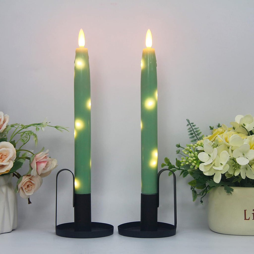 Flameless Flickering Taper Candles Battery Operated with Embedded String Lights, wtih Timer and Remote, LED Real Wax Tapered Dinner Candle Set of 2 (Green)