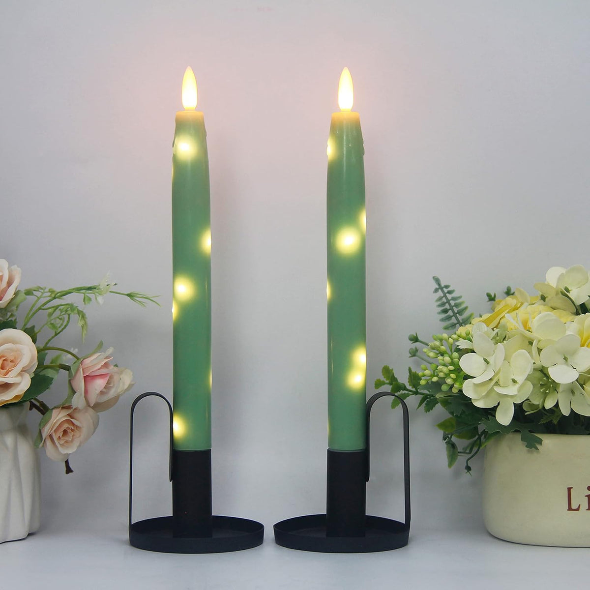 Flameless Flickering Taper Candles Battery Operated with Embedded String Lights, wtih Timer and Remote, LED Real Wax Tapered Dinner Candle Set of 2 (Green)