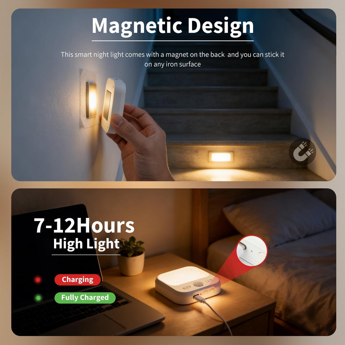 Rechargeable Motion Sensor Night Light, LED Cordless Stick On Wall Light for Stairs Bedroom Bathroom RV Cruise Ship Cabin