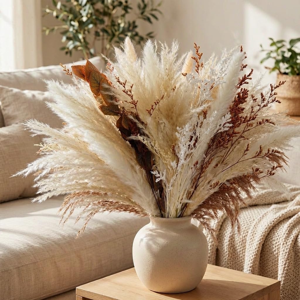 Dried Pampas Grass Bouquet with Faux Peony, Fall Flowers Decor