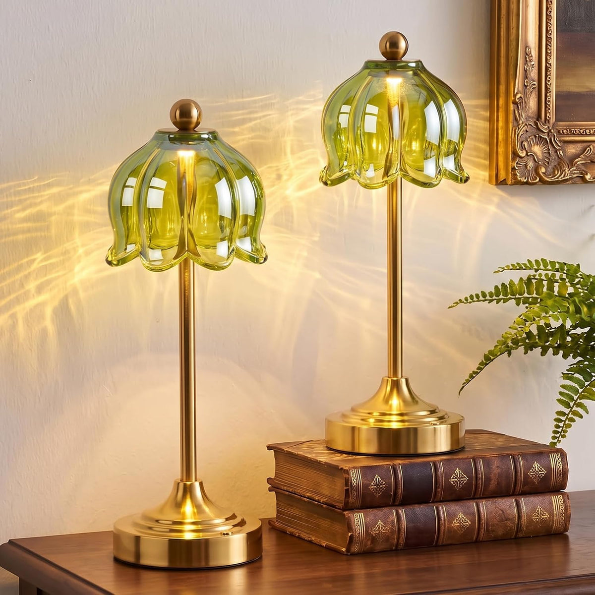Set of 2 Vintage Cordless Green Glass Tulip Table Lamp