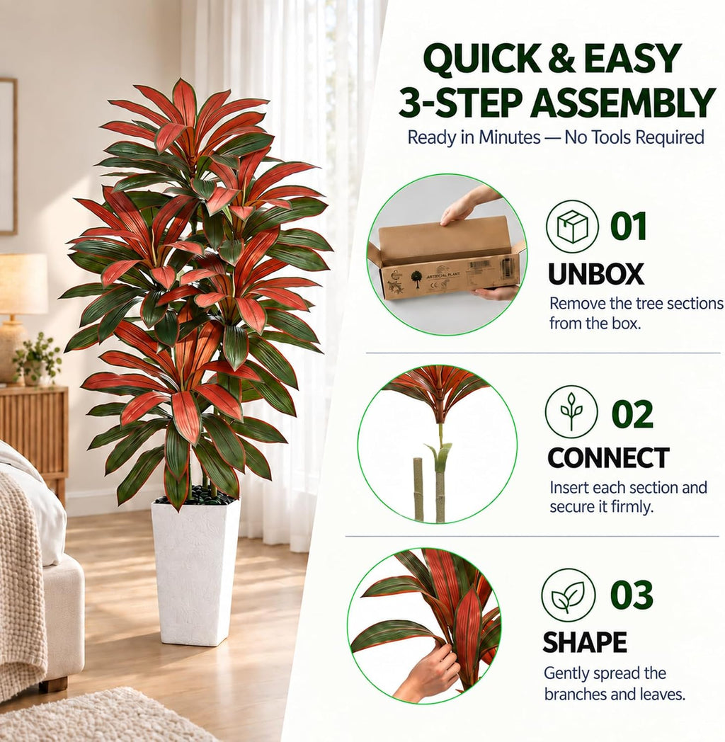 Artificial Dracaena Tree Red, 5FT Fake Plants White Planter