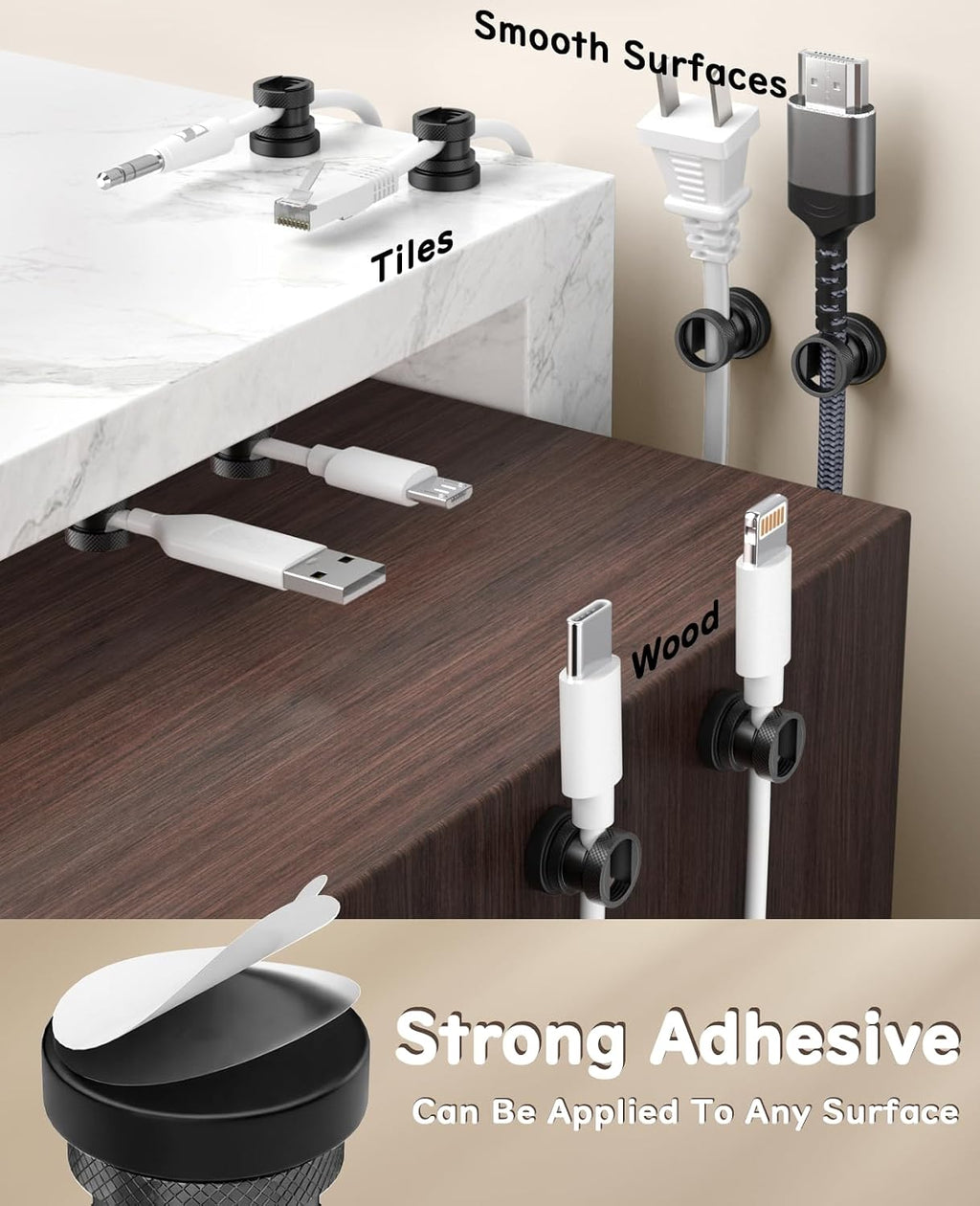 Maveek Magnetic Cable Holders, Cord Anchor for Desk, 4 Pack, Metallic Black
