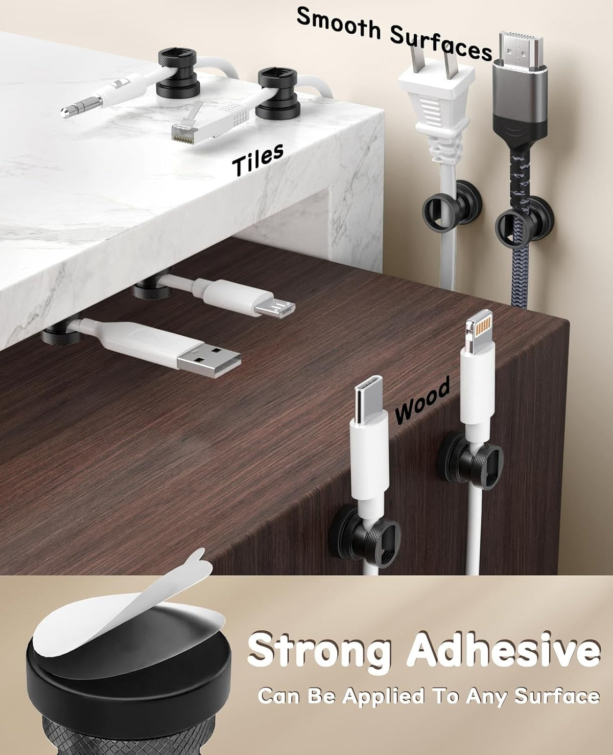 Maveek Magnetic Cable Holders, Cord Anchor for Desk, 4 Pack, Metallic Black