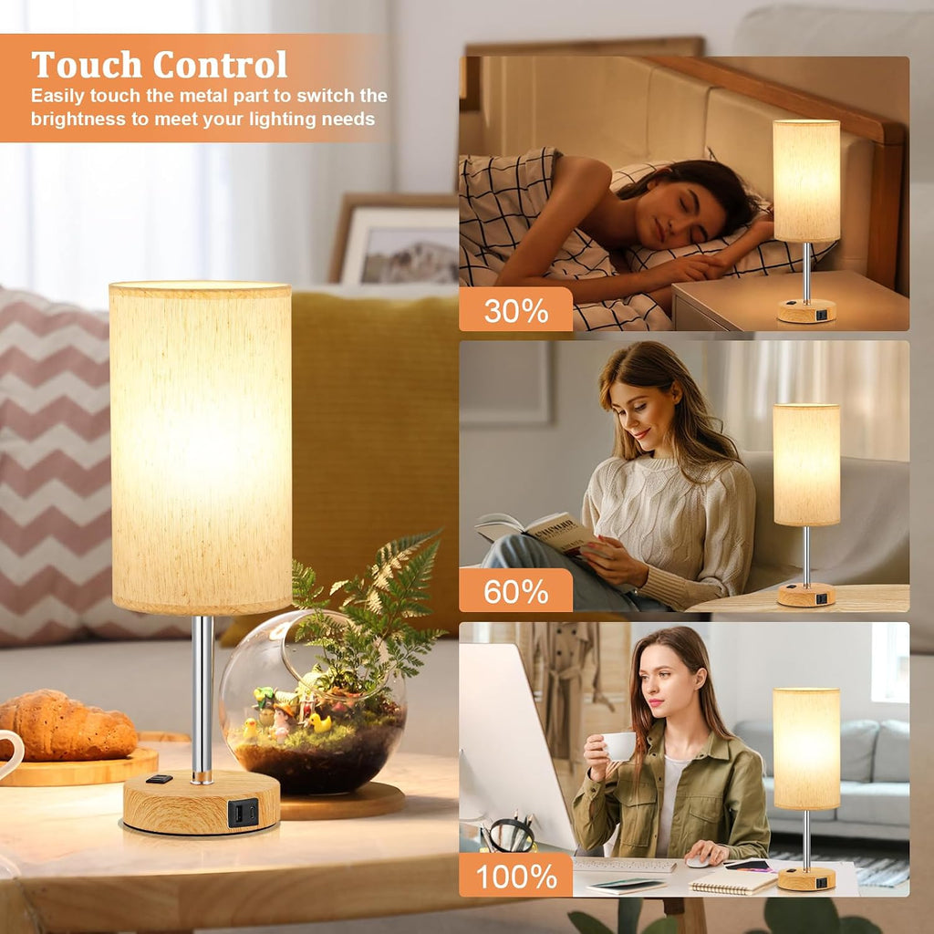 Touch Bedside Table Lamps Set of 2 - Bedroom Lamp with USB A+C, AC Outlet