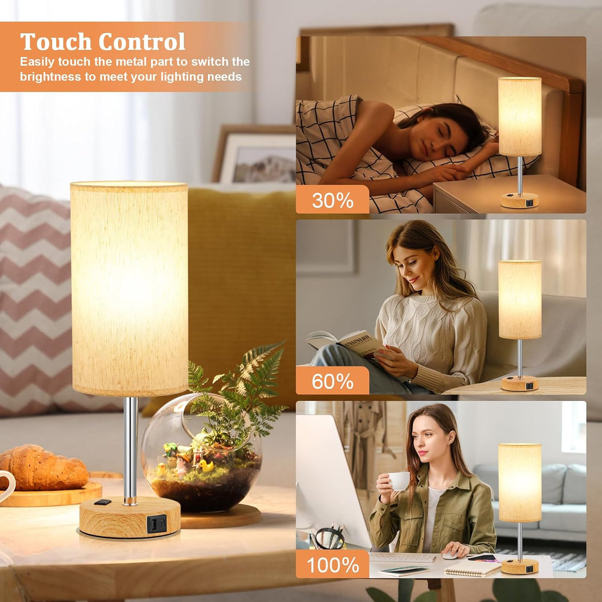Touch Bedside Table Lamps Set of 2 - Bedroom Lamp with USB A+C, AC Outlet
